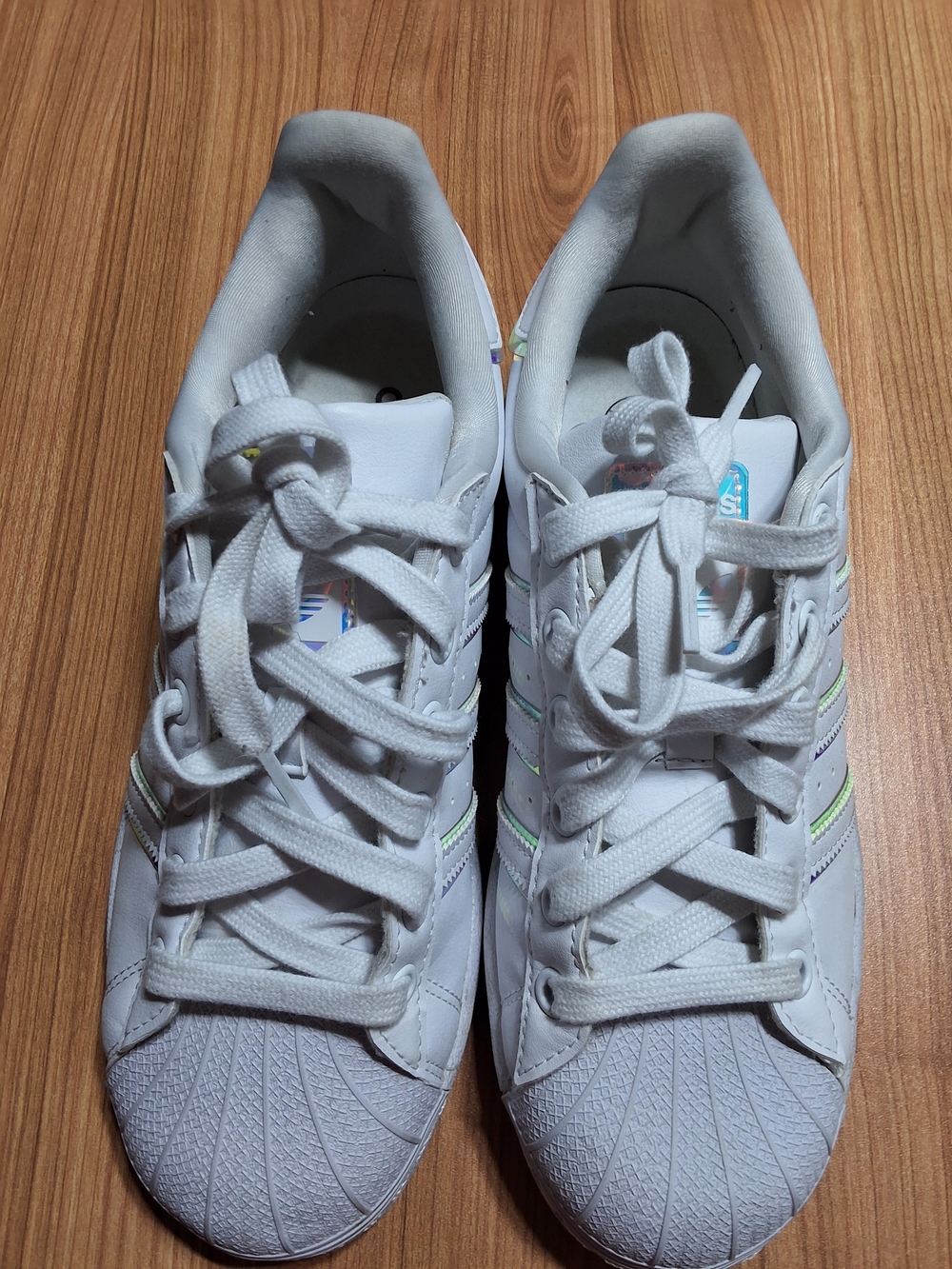 Adidas Kids White Superstar Sneakers with Subtle Pastel Stripes